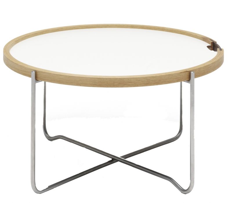 CH417 Tray Table von Carl Hansen: Runder Beistelltisch mit weißer Tischplatte und Stahlgestell.